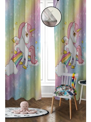 Doruklar Home Collection Dijital Baskı Yıkanabilir Unicorn Desenli 2 Kanat Bebek ve Çocuk Odası Fon Perdesi