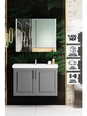 Karen Banyo Arin Banyo Dolabı Takımı 80 Cm Mdf Lavabolu Antrasit, Lavabo Dahil