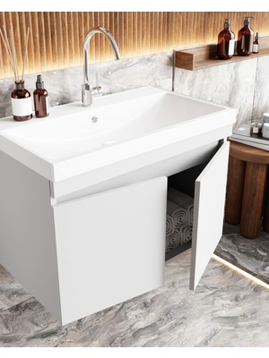 Karen Banyo Koza Banyo Dolabı Seti, 80 Cm Beyaz, Lavabo Dahil, Lavabolu