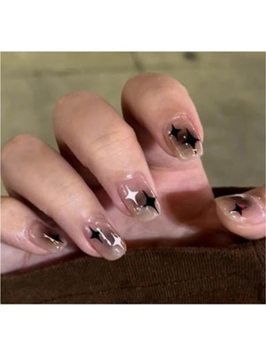 Vivid Charm 24'lü Siyah - Beyaz Yıldız Tasarımlı Takma Tırnak Seti - Protez Tırnak Seti