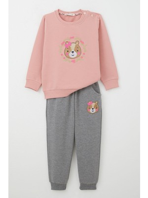 Breeze Kız Bebek Eşofman Takım Sevimli Ayıcık Temalı Gülkurusu 9 Ay-3 Yaş için Günlük Kullanım