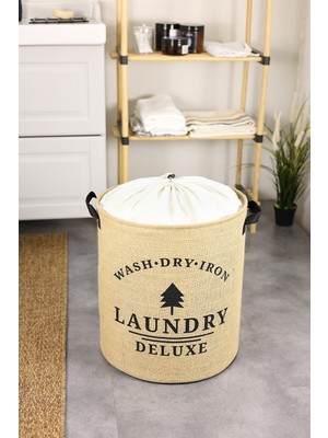 Prendi Home Laundry Deluxe Baskılı Fileli Jüt Katlanabilir Kıyafet Kirli Çamaşır Havlu Sepeti 37 x 40