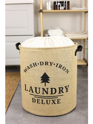 Prendi Home Laundry Deluxe Baskılı Fileli Jüt Katlanabilir Kıyafet Kirli Çamaşır Havlu Sepeti 37 x 40