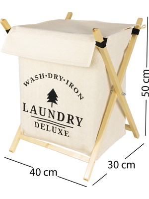 Prendi Home Laundry Baskılı Kapaklı Ahşap Destekli Kare Kıyafet Kirli Çamaşır Sepeti  40  x  30  x  50