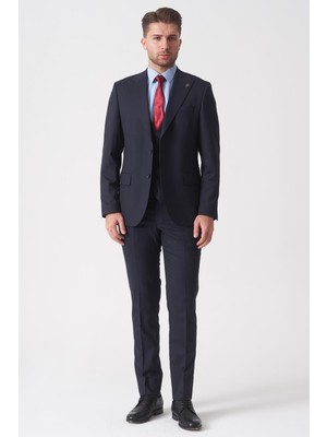 White Stone Lacivert Slim Fit Kalıp Yelekli Klasik Esnek Likralı Kapaklı Cepli Takım Elbise