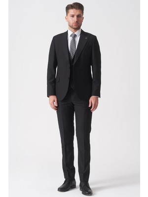 White Stone Siyah Slim Fit Kalıp Yelekli Klasik Esnek Likralı Kapaklı Cepli Takım Elbise