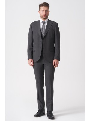 White Stone Antrasit Slim Fit Kalıp Yelekli Klasik Efektli Kumaş Esnek Likralı Kapaklı Cepli Takım Elbise