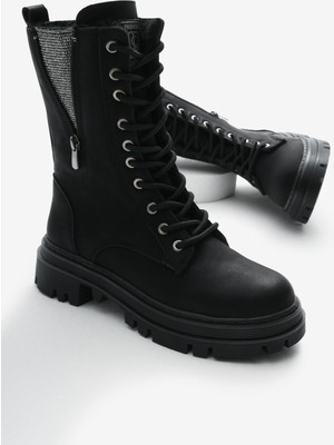 Kadın Siyah Mat Termo Taban Yanı Taşlı Detaylı Bağcıklı ve Fermuarlı Bot