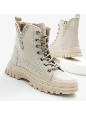 Tonny Black Kadın Bej Cilt Termo Taban Desenli Bağcıklı ve Fermuarlı Bot