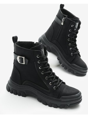 Kadın Siyah Mat Termo Taban Yanı Tokalı Bağcıklı ve Fermuarlı Bot