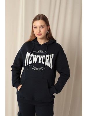 Velora Moda Üç Iplik Newyork Nakışlı Kadın Lacivert Sweat