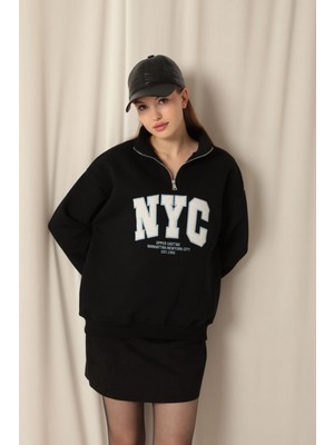 Velora Moda Üç Iplik Nyc Nakışlı Kadın Siyah Sweat