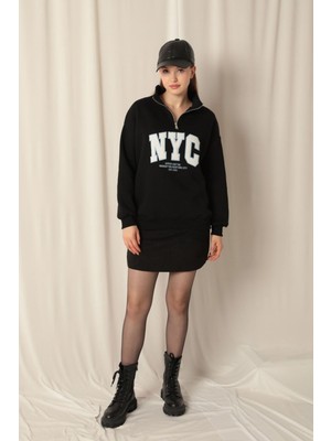 Velora Moda Üç Iplik Nyc Nakışlı Kadın Siyah Sweat