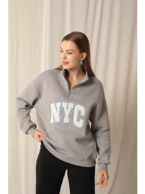 Velora Moda Üç Iplik Nyc Nakışlı Kadın Koyu Gri Sweat