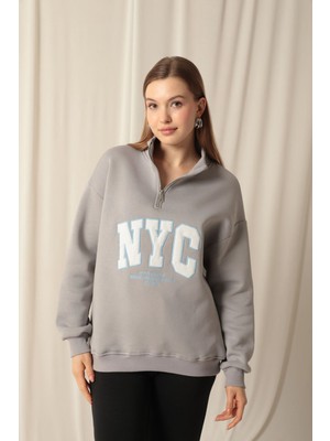 Velora Moda Üç Iplik Nyc Nakışlı Kadın Koyu Gri Sweat