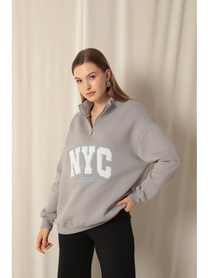 Velora Moda Üç Iplik Nyc Nakışlı Kadın Koyu Gri Sweat