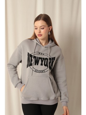 Velora Moda Üç Iplik Newyork Nakışlı Kadın Koyu Gri Sweat