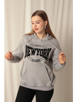 Velora Moda Üç Iplik Newyork Nakışlı Kadın Koyu Gri Sweat