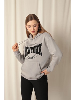 Velora Moda Üç Iplik Newyork Nakışlı Kadın Koyu Gri Sweat