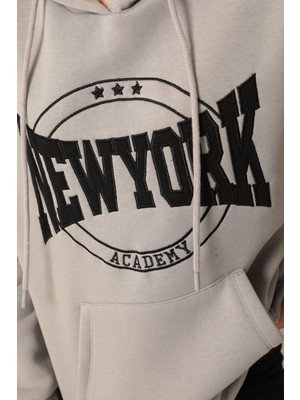 Velora Moda Üç Iplik Newyork Nakışlı Kadın Koyu Gri Sweat