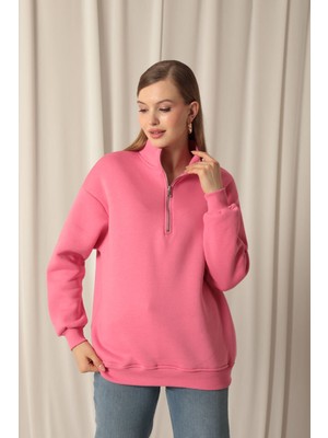 Velora Moda Üç Iplik Dik Yaka Yarım Fermuarlı Kadın Pembe Sweat