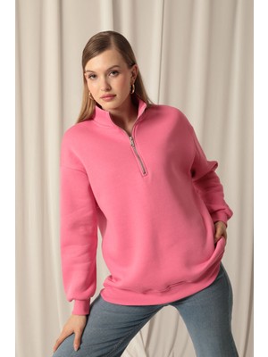 Velora Moda Üç Iplik Dik Yaka Yarım Fermuarlı Kadın Pembe Sweat