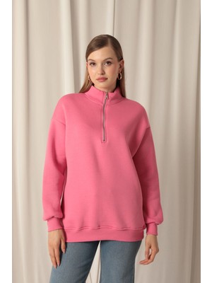 Velora Moda Üç Iplik Dik Yaka Yarım Fermuarlı Kadın Pembe Sweat