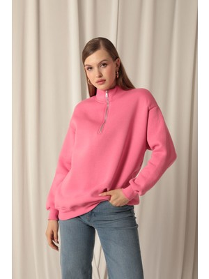 Velora Moda Üç Iplik Dik Yaka Yarım Fermuarlı Kadın Pembe Sweat