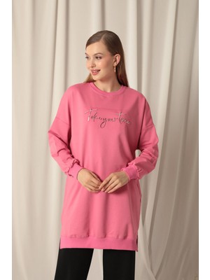 Velora Moda Iki Iplik Kumaş Take Your Time Gofre Baskı Kadın Pembe Sweat