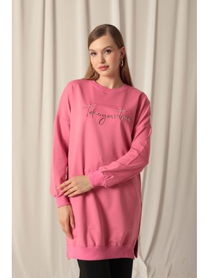 Velora Moda Iki Iplik Kumaş Take Your Time Gofre Baskı Kadın Pembe Sweat