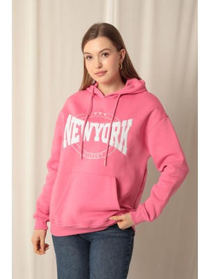 Velora Moda Üç Iplik Newyork Nakışlı Kadın Pembe Sweat