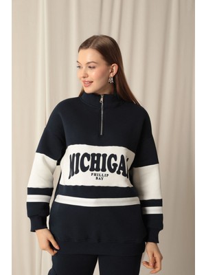 Velora Moda Üç Iplik Michigan Baskılı Fermuarlı Kadın Lacivert Sweat