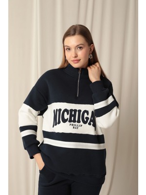 Velora Moda Üç Iplik Michigan Baskılı Fermuarlı Kadın Lacivert Sweat