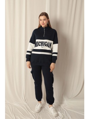 Velora Moda Üç Iplik Michigan Baskılı Fermuarlı Kadın Lacivert Sweat