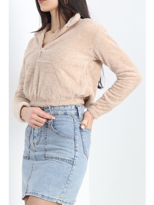 Velora Moda Fermuarlı Crop Peluş Sweat Bej - 9060.1153.