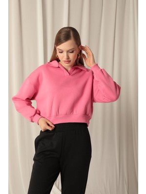 Velora Moda Veloramoda Üç Iplik Patlı Yakalı Kısa Kadın Pembe Sweat