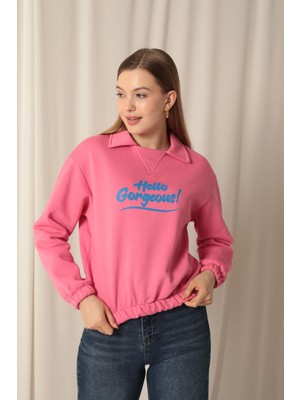 Velora Moda Üç Iplik Kumaş Hello Baskılı Kadın Pembe Sweat