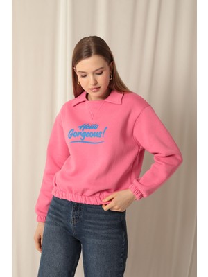 Velora Moda Üç Iplik Kumaş Hello Baskılı Kadın Pembe Sweat