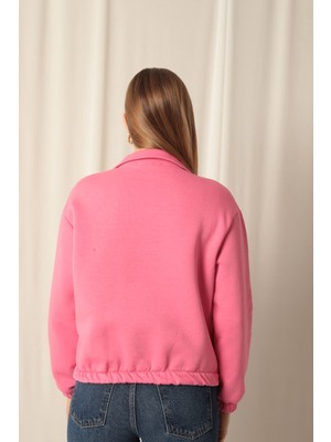 Velora Moda Üç Iplik Kumaş Hello Baskılı Kadın Pembe Sweat