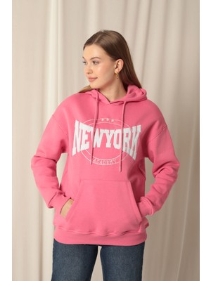 Velora Moda Üç Iplik Newyork Nakışlı Kadın Pembe Sweat