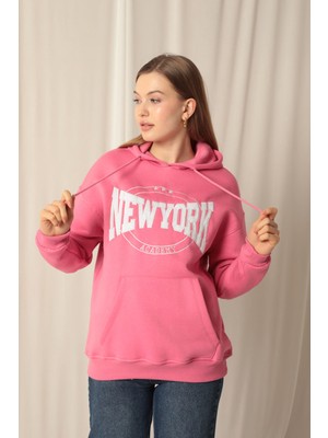 Velora Moda Üç Iplik Newyork Nakışlı Kadın Pembe Sweat