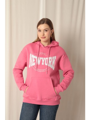 Velora Moda Üç Iplik Newyork Nakışlı Kadın Pembe Sweat