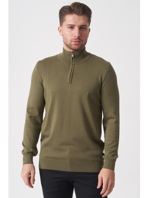 White Stone Brasília 1030 Slim Fit Basic Yarım Fermuarlı Triko A.haki