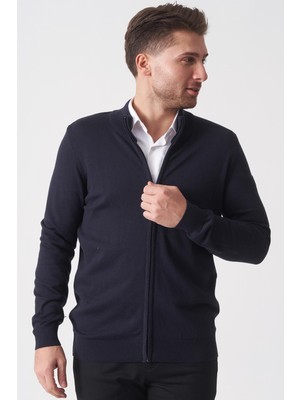 White Stone Lacivert Slim Fit Dik Yaka Tam Fermuarlı Premium Triko Hırka