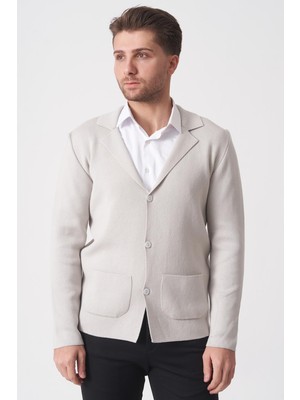 White Stone Bej Düğmeli Yakalı Cepli Premium Dokuma Hırka