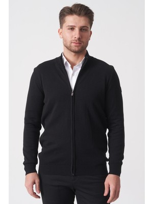 White Stone Siyah Slim Fit Dik Yaka Tam Fermuarlı Premium Triko Hırka