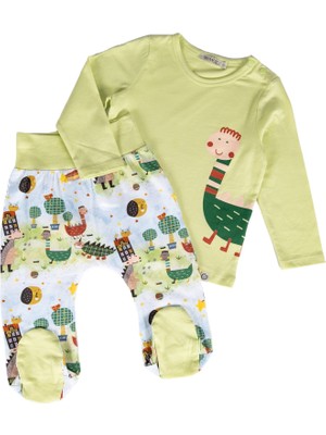 Organik Dino Baskılı Patikli Yeşil Baharlık Unisex Bebek Takım