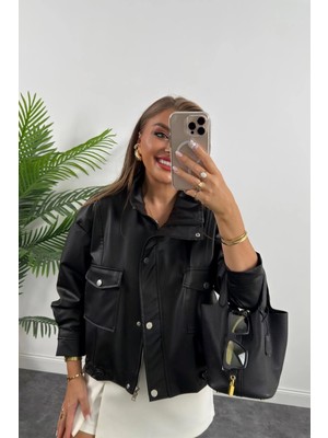 Vess Moda Çift Cep Yan Büzgülü Deri Ceket