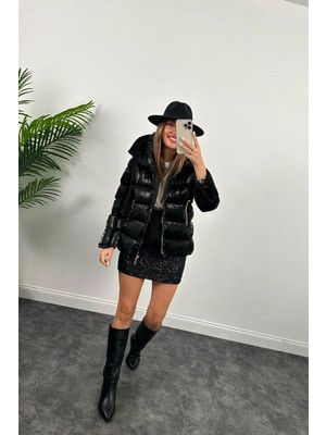 Vess Moda Parlak Puffer Şişme Mont Siyah