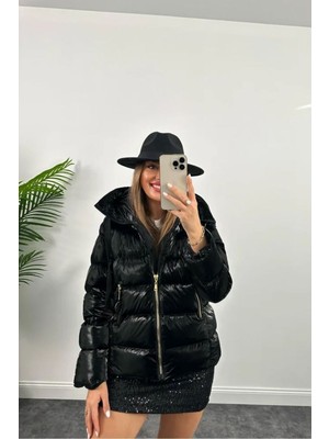 Vess Moda Parlak Puffer Şişme Mont Siyah